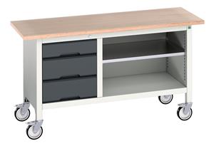 verso mobile storage bench (mpx) with 3 drawer cab / mid shelf. WxDxH: 1500x600x830mm. RAL 7035/5010 or selected Verso Mobile Work Benches for assembly and production